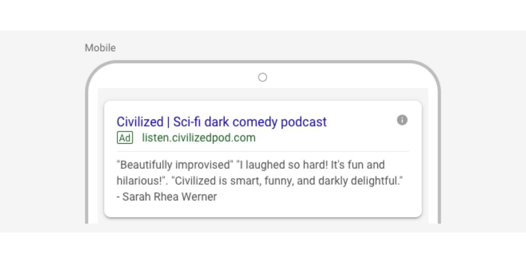 Screenshot of the search ad we ran: Civilized Sci-fi Dark Comedy Podcast