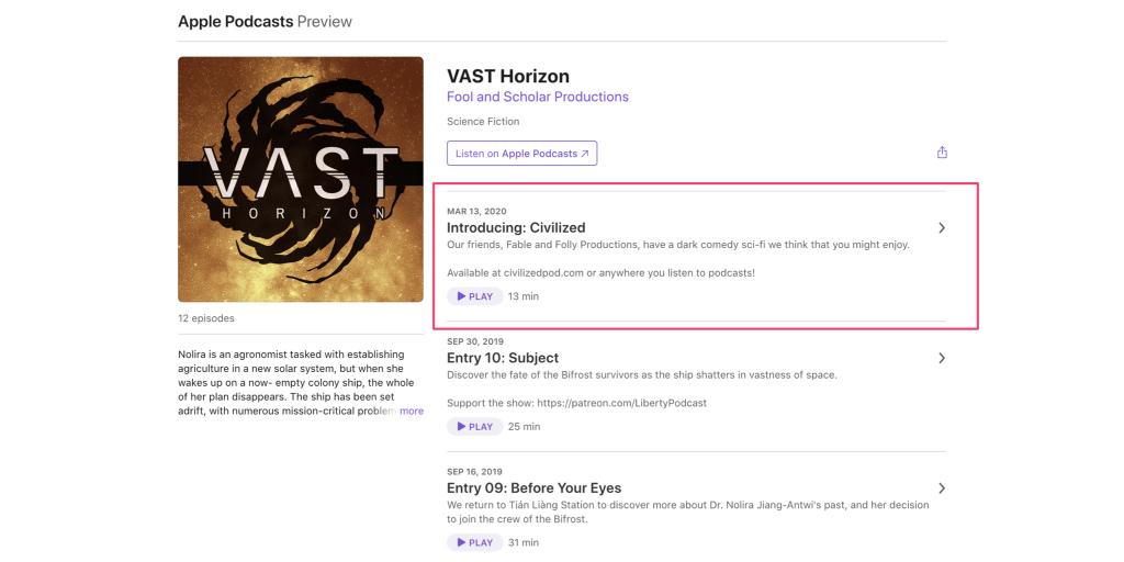 Apple listing of Vast Horizon