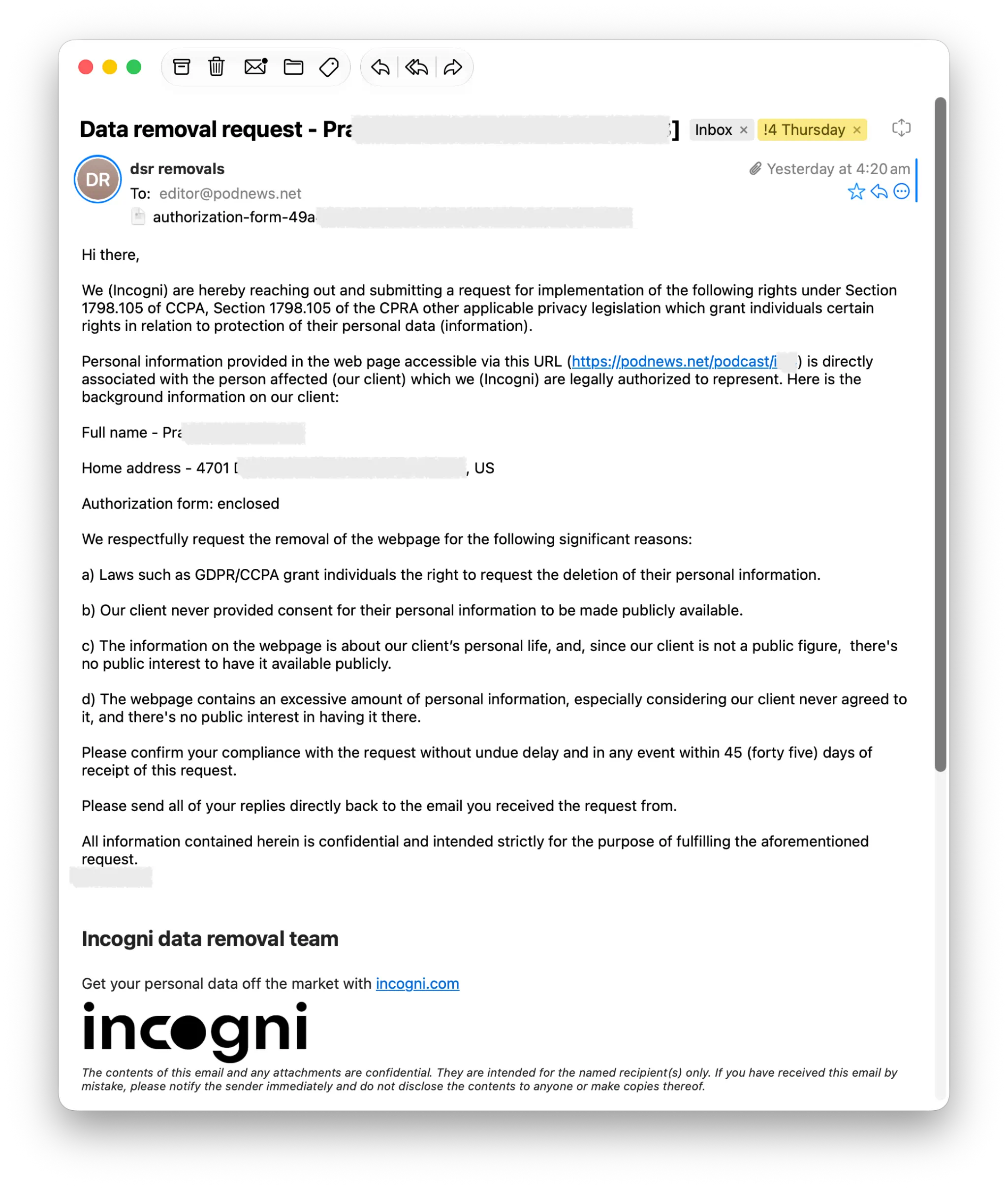 Incogni cold email